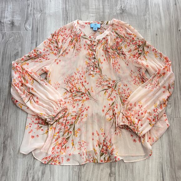 CeCe Women's Pleated Floral-Print Long-Sleeve Top Size M - Picture 4 of 9